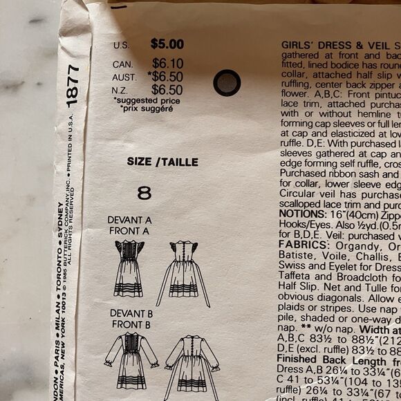 Vintage Little Vogue Girls' Dress & Veil Pattern #1877 Size 8 CUT Vintage - Picture 6 of 11